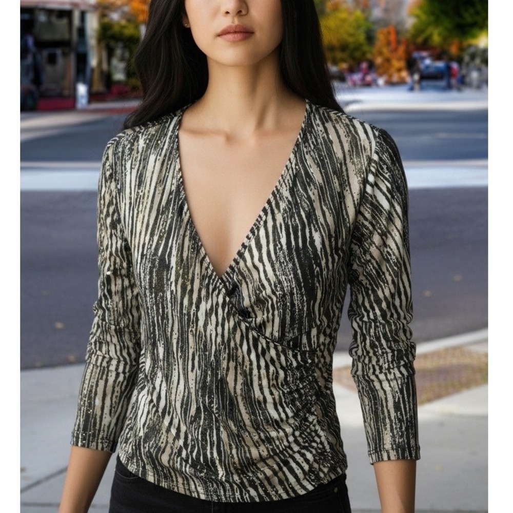 JBS Women's Wrap V Neck Long Sleeve Ruched Print Top Shirt Size‎ L Glam Y2K 90s